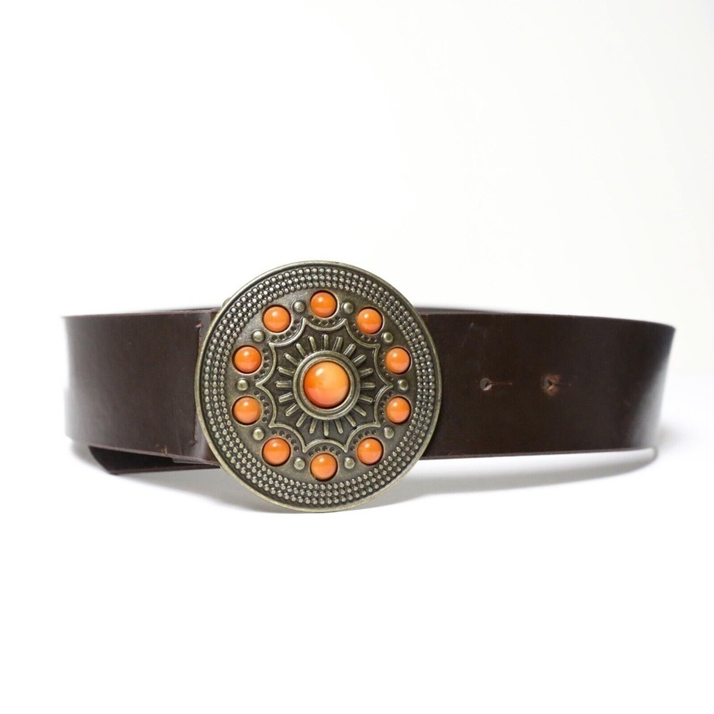 Buffalo faux leather belt brown boho crystal large round buckle bohemian western
